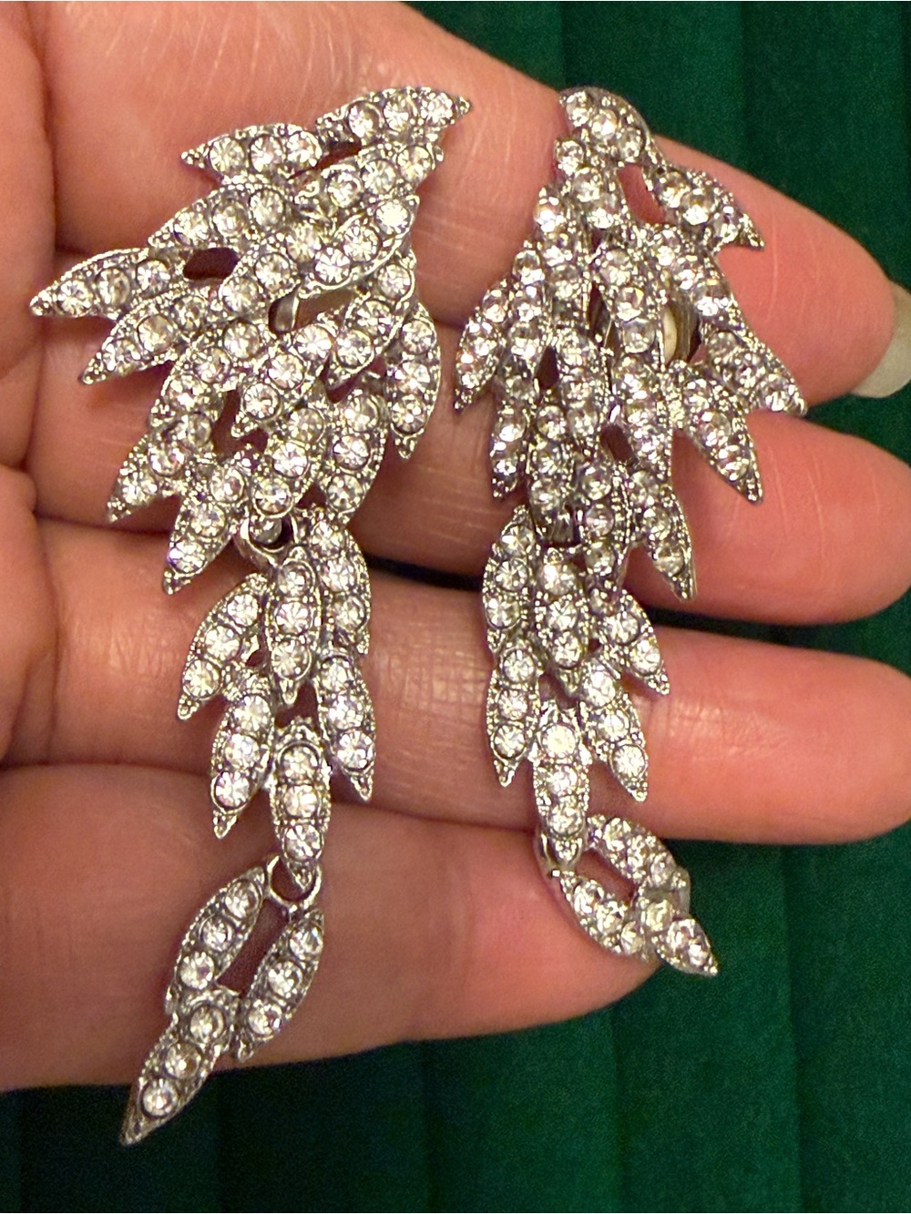 Vintage Inspired Silver Crystal Leaf Cascade Earrings - Women Jewelry